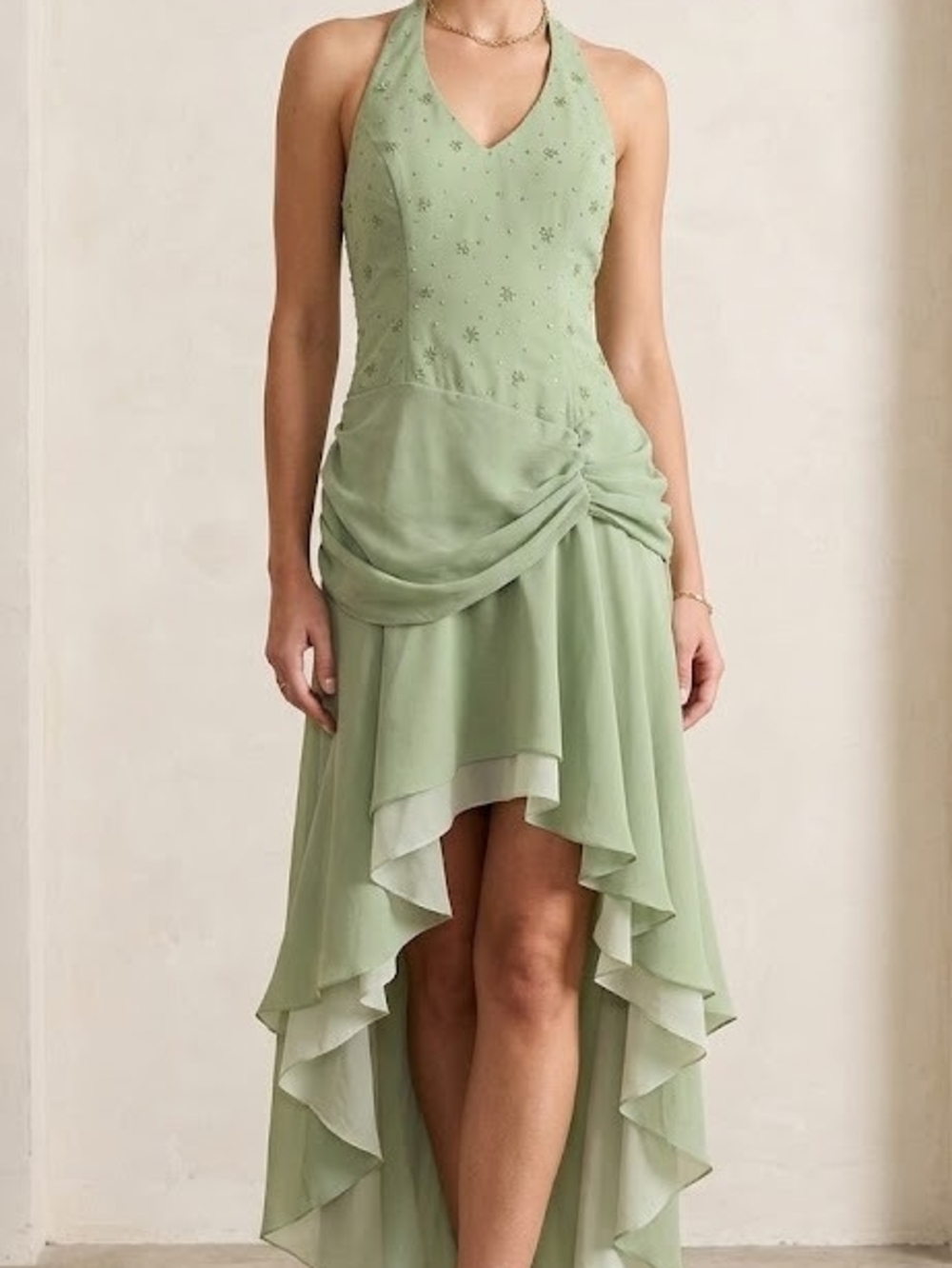 Halter Sage Green High-Low Ruffle Dress